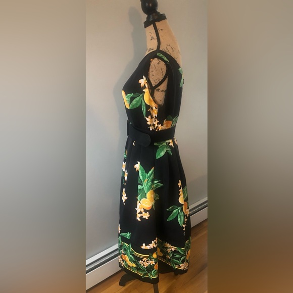 NY&CO EVA MENDES BOATNECK BELT WAIST BLACK ORANGE FLORAL CITRUS FRUIT MIDI DRESS - Picture 5 of 6
